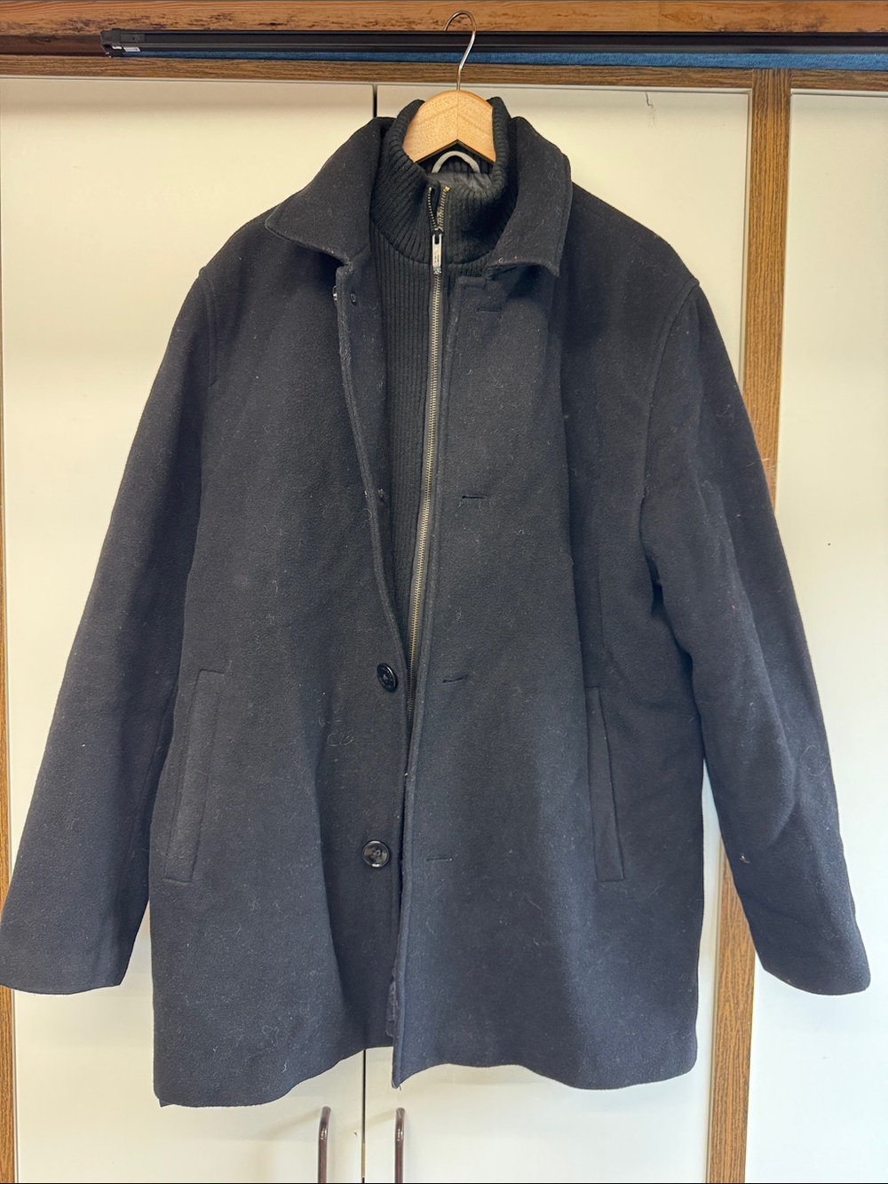 Kenneth Cole Reaction Black Wool-Blend Pea Coat with Inner Zip Layer